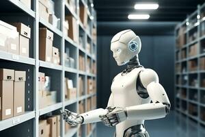 Humanoid robot arranges boxes in a warehouse. AI Generative photo