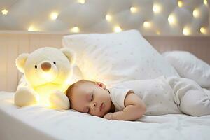 ai generativo. retrato de un bebé dormido en un cama en blanco pijama siguiente a un juguete oso. horizontal foto