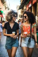 Two slender Hispanic brunette girls with curly hair in T-shirts and denim shorts are walking down the street with cups of coffee. AI Generative photo