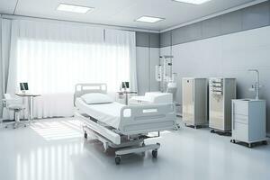 The interior of a large, light and white single hospital ward in a modern military hospital. The chamber is illuminated by sunlight from large windows.. AI Generative photo