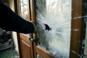 el delincuente rompió el vaso de el frente puerta y es molesto a obtener adentro. ai generativo foto