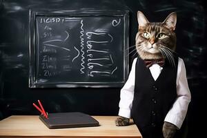 The cat teacher in a white shirt and vest poses against the background of a dark school board and a desk. AI Generative photo