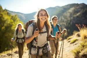 Smiling woman hiker with backpack looking at camera with group of friends hikers rises to the top of the hill. AI Generative photo