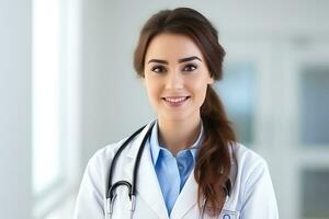 AI Generative. Young female doctor in a white coat and with a stethoscope smiles and looks at the camera. Horizontal photo