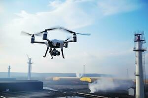 The drone flies around the factory, inspects work and looks for malfunctions. AI Generative photo