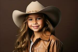 AI Generative. Cowgirl child in a white cowboy hat posing on a brown background, smiling and looking at the camera. Horizontal photo