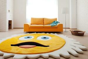 ai generativo. un grande amarillo alfombra en el forma de un emoji o Dom mentiras en el piso siguiente a un naranja sofá en un habitación con blanco ladrillo paredes foto