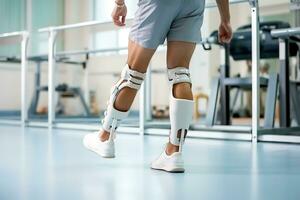 discapacitado hombre con prótesis en lugar de piernas trenes en un rehabilitación centro. ai generativo foto