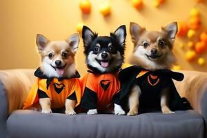 Three puppies in Halloween costumes pose for the camera while sitting on the couch. AI Generative photo