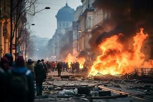 ai generativo. protesta en el ciudad centrar acompañado por incendios y destrucción foto