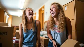 Two student girls unpack things in a dorm room. Girls chatting and laughing. AI Generative photo