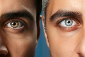 Two halves of a face close-up of the men with blue and brown eyes. AI Generative photo