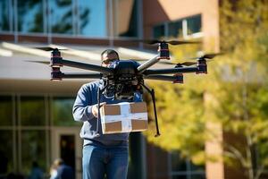 AI generative. A man receives an order in a cardboard box using a drone or sends it photo
