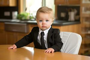 A cute blond child in a business suit is sitting at the table on the kitchen and waiting for breakfast. AI Generative photo