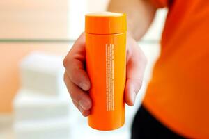 A man holds an orange bottle of pills in his hands. Close-up of a bottle. AI Generative photo