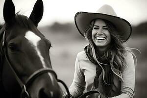 AI Generative. A young cowgirl woman in a cowboy hat laughs. Photography in black and white. photo