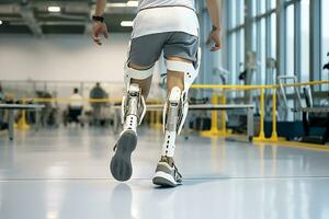 A disabled man with prosthetic legs trains in a rehabilitation center. Legs close up. AI Generative photo