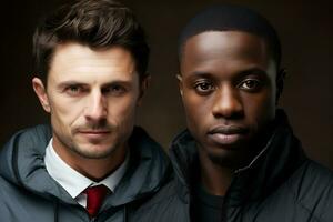 Two adult men of Caucasian and African American appearance in formal wear pose against a dark background. Young men look at the camera seriously. AI Generative photo