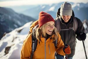 AI Generative. Couple of tourists in ski suits are climbing up at snow-covered mountain trail against the backdrop of a beautiful winter mountain landscape. photo