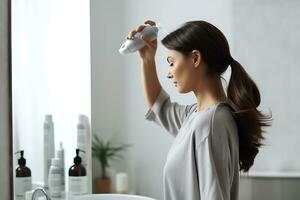 AI generative. A young brunette woman with thick hair gathered in a ponytail uses a remedy for the unpleasant odor of her scalp and hair. photo