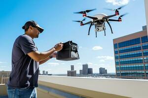 AI generative. A drone delivers food, drinks or medicine in a cardboard box to a male customer directly to the balcony of a high-rise building in a residential complex. photo