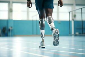 A disabled African American man with prosthetic legs trains in a rehabilitation center. Legs close up. AI Generative photo