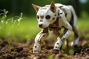 AI Generative. A robot dog moves across a field during the daytime. Horizontal photo