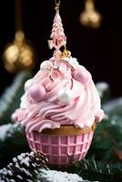 AI generative. Pink ice cream in the shape of a New Year's toy on a dark background among Christmas tree branches photo