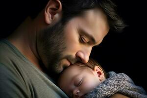 AI Generative. Young father hugs and kisses newborn baby. Horizontal photo