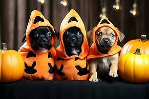 Three puppies in Halloween costumes pose for the camera while sitting on the black couch.  AI Generative photo