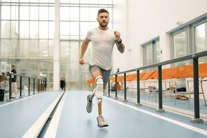 A disabled man with prostheses instead of legs runs on a treadmill in a rehabilitation center. AI Generative photo