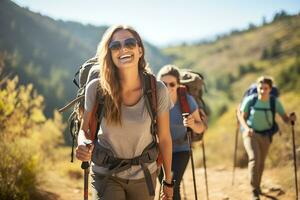 Smiling woman hiker with backpack looking at camera with group of friends hikers rises to the top of the hill. AI Generative photo