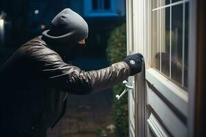 un ladrón en un negro chaqueta, pasamontañas y guantes es molesto a abierto el puerta a un Departamento edificio. ai generativo foto