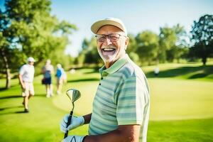 AI Generative. An elderly man plays golf enthusiastically on a green course. The man looks at the camera and smiles. Horizontal photo