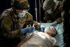 A military doctor provides first aid to a wounded patient. AI Generative photo