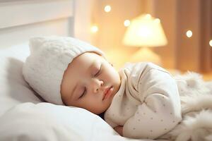 ai generativo. retrato de bonito dormido bebé, bonito niño descansando en su cama, sano y pacífico infancia, nuevo vida concepto. horizontal foto