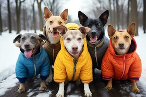 ai generativo. cinco perros de diferente razas actitud en calentar brillante chaquetas en un invierno Nevado parque foto