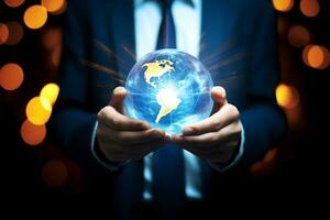 AI Generative. Businessman in a dark suit holding globe in his hands. Horizontal photo