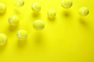 Group of tennis balls over yellow background, 3D. AI Generative photo