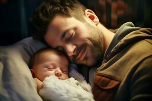 AI Generative. Young father hugs newborn baby and smiles. Horizontal photo