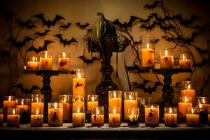 There are many burning candles on a table in a dark room. Black bats hanging on the wall. AI Generative photo
