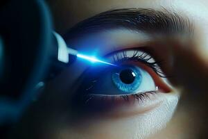 Laser vision correction. Woman's eye. Human eye. Woman eye with laser correction. Eyesight concept. AI Generative photo