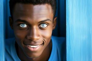 foto de un contento africano americano hombre después cosmético queratopigmentación con un femtosegundo láser. marrón ojos cambió a azul. ai generativo