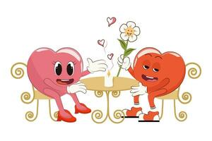 retro contento San Valentín día. juntos a un mesa en un cafetería. contento caracteres en amor. retro caracteres. vector ilustración