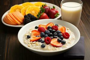 harina de avena con bayas y Leche en de madera mesa. sano desayuno, chia semilla pudín con fresas, arándanos y plátano en un vaso frasco, sano desayuno cuenco con avena Granola, ai generado foto