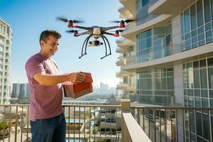 AI generative. A drone delivers food, drinks or medicine in a cardboard box to a male customer directly to the balcony of a high-rise building in a residential complex. photo