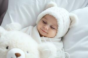 ai generativo. retrato de un bebé dormido en su cama vistiendo un blanco mono en el forma de un oso. horizontal foto