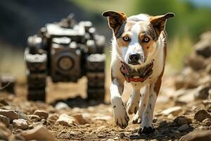 AI Generative. A dog and a robot on wheels move across a field together. Horizontal photo