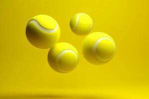 A group of tennis balls levitate over a yellow background, 3D. AI Generative photo