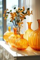 AI Generative.  Several transparent glass vases in the form of an orange pumpkin stand on the table illuminated by the sun's rays. Vertical photo